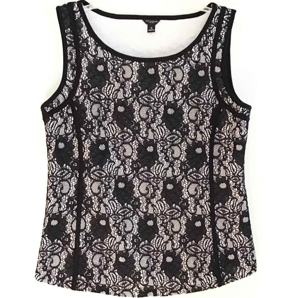Ann Taylor White Top with Black Lace Overlay
